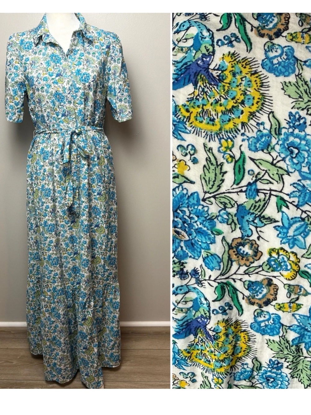 Loft Maxi Shirt Dress Size Medium Short Sleeves Floral Botanical Print Belted